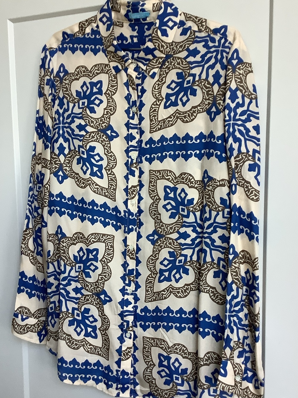 Womens Printed Button-Front Blouse - Blue & Cream